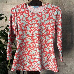 J. McLaughlin Coral Print Catalina Cloth Aqua Coral Blouse Size Small